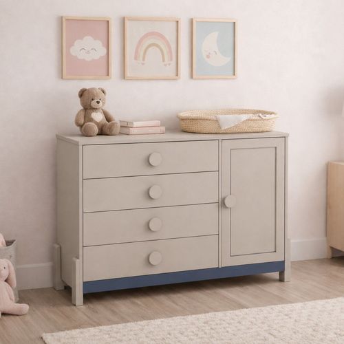 Cômoda Infantil 4 Gavetas com Porta e Cabideiro Luna AREIA / AZUL PETROLEO