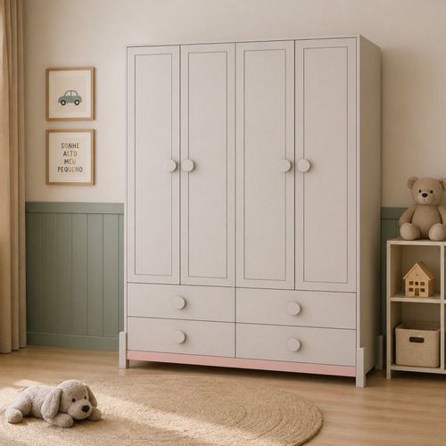 Guarda-Roupa Infantil 4 Portas 4 Gavetas MDF Luna AREIA / ROSE