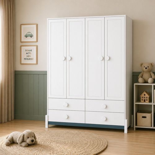 Armário para Quarto Infantil 4 Portas e 4 Gavetas Luna NEVE/ AZUL PETROLEO