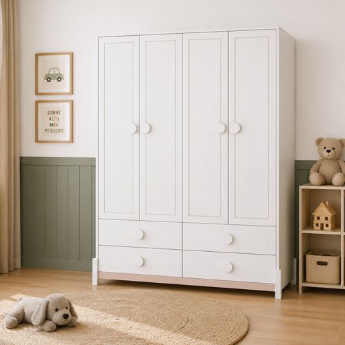 Armário para Quarto Infantil 4 Portas e 4 Gavetas Luna Neve/Renda