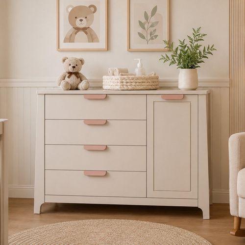 Comoda para Quarto Infantil 4 Gavetas Porta com Cabideiro Theo AREIA / ROSE