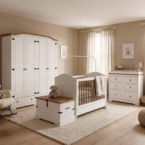 Quarto de Bebê Completo 100% MDF com Guarda Roupa Cômoda Berço e Baú Smile Bege Creme/Carvalho Creme/Carvalho