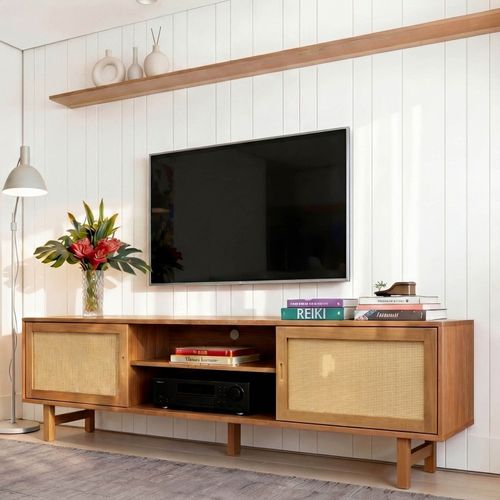 Rack para TV até 75 Polegadas 220cm em Madeira Maciça Porta Rattan Magna Cabecasamadeiraoriginals Marrom