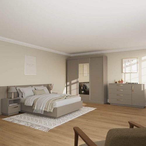Kit Guarda Roupas 3 Portas, Cama Casal e Complementos de Quarto Araçá CabeCasa MadeiraOriginals Ci  Fendi