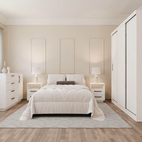 Kit Guarda Roupas 3 Portas, Cômoda e Mesa de Cabeceira Araçá CabeCasa MadeiraOriginals Branco Branco
