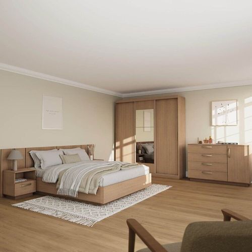 Kit Guarda Roupas 3 Portas, Cama Queen e Complementos de Quarto Araçá CabeCasa MadeiraOriginals Ma Nogueira