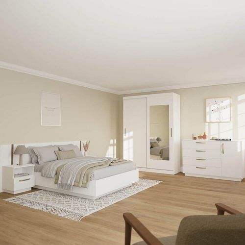 Kit Guarda Roupas 2 Portas, Cama Casal e Complementos de Quarto Araçá CabeCasa MadeiraOriginals Br Branco