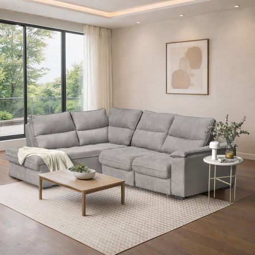 Sofá de Canto Retrátil Chaise Lado Esquerdo 4 Lugares Nest CabeCasa MadeiraOriginals Cinza