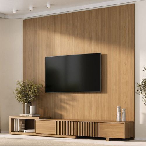 Rack Extensível Ripado com Painel TV 86 Polegadas Planejado 240x250cm Aruá CabeCasa MadeiraOrigina Jatoba