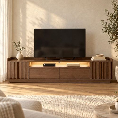 Rack 220cm com LED 02 Portas e 02 Gavetas Seringal CabeCasa MadeiraOriginals Nogal