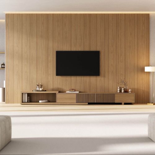 Rack Extensível Ripado com Painel TV 86 Polegadas Planejado 400x250cm Aruá CabeCasa MadeiraOrigina Jatoba