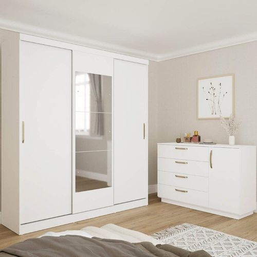Kit Guarda Roupas 3 Portas e Cômoda Araçá CabeCasa MadeiraOriginals Branco Branco