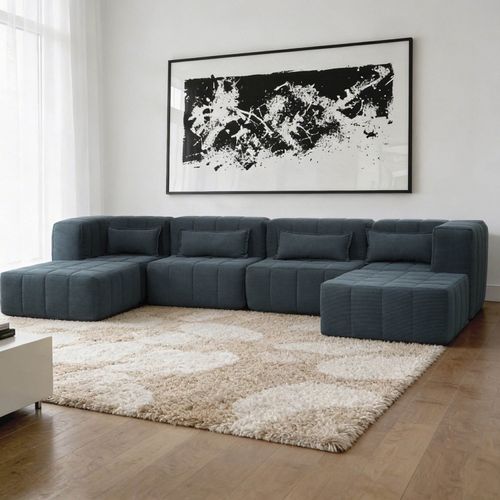 Sofá Modular 4 Lugares e 2 Puff Easybox CabeCasa MadeiraOriginals Cotelê Verde Escuro