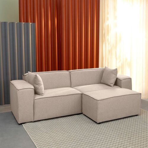 Conjunto Sofá 220cm e Puff 80cm Baobá CabeCasa MadeiraOriginals Bege Linho Avelã Linho Avelã