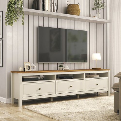 Rack para TV até 75 Polegadas MDF 210cm Pés em Madeira Maciça Tampo Ananda CabeCasa MadeiraOrigin Off White/Mel