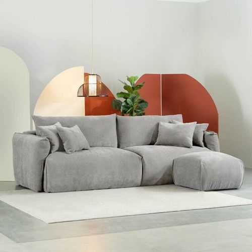 Conjunto Sofá 240cm e Puff Comfy CabeCasa MadeiraOriginals Cinza Mescla Cinza Mescla