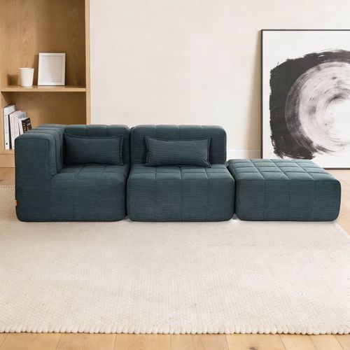 Sofá Modular 2 Lugares com Puff Easybox Cabecasa Madeiraoriginals Cotelê Verde Escuro Cotelê Verde Escuro