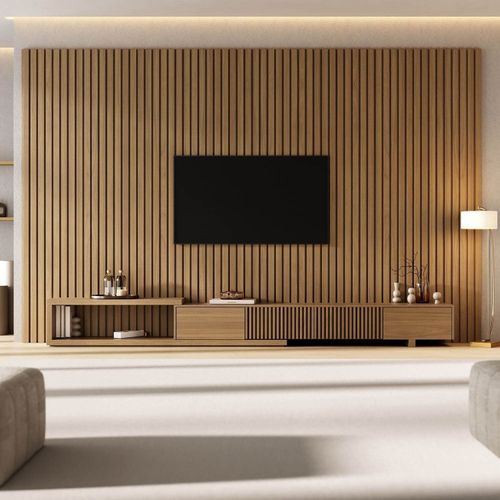 Rack Extensível com Painel Ripado TV 86 Polegadas Planejado 360x230cm Aruá CabeCasa MadeiraOrigina Jatoba