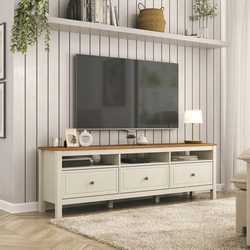 Rack para TV até 75 Polegadas 100% MDF 180cm Pés em Madeira Maciça Ananda CabeCasa MadeiraOrigina Off White/Mel