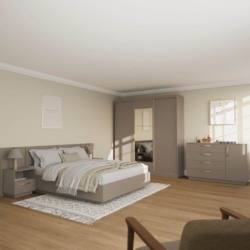 Kit Guarda Roupas 3 Portas, Cama Queen e Complementos de Quarto Araçá CabeCasa MadeiraOriginals Ci  Fendi