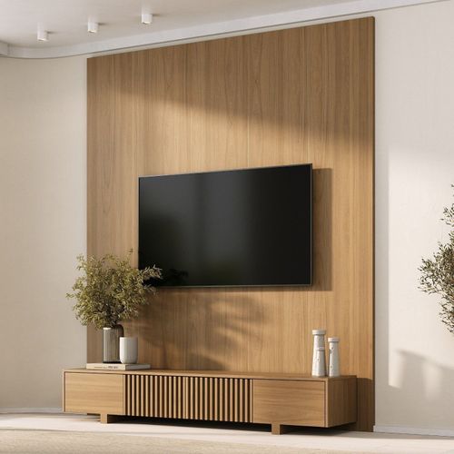 Rack com Painel Ripado TV até 75 Polegadas Planejado 200x250cm Aruá CabeCasa MadeiraOriginals Marrom Jatobá Jatoba