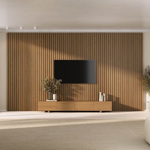 Rack com Painel Ripado TV 86 Polegadas Planejado 400x230cm Aruá CabeCasa MadeiraOriginals Marrom Jatoba
