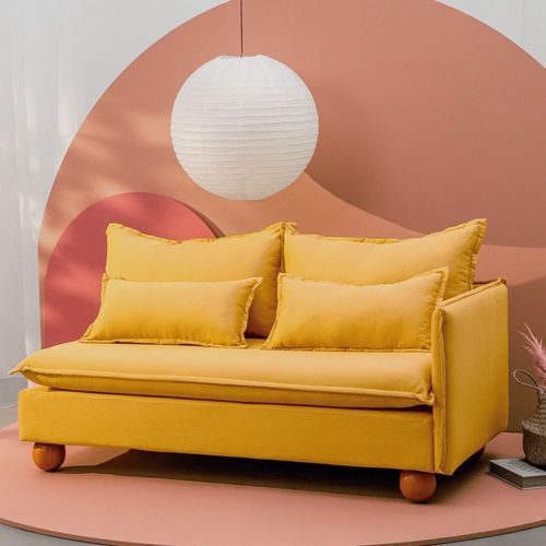 Sofá Modular 2 Lugares Braço Lateral com Pé Bolinha Sôma CabeCasa MadeiraOriginals Amarelo Mosta Mostarda