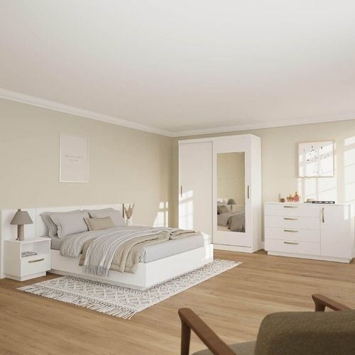 Kit Guarda Roupas 2 Portas, Cama Queen e Complementos de Quarto Araçá CabeCasa MadeiraOriginals Br Branco