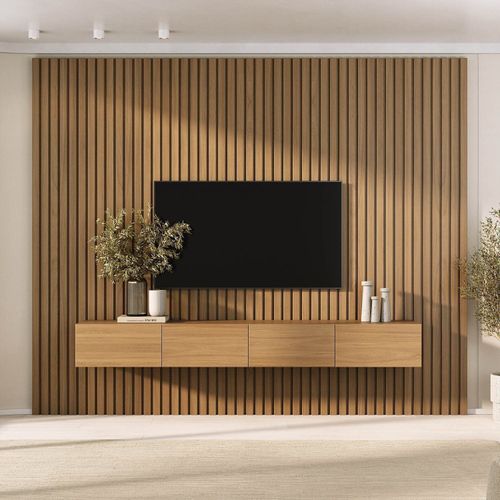 Rack com Painel Ripado para TV até 86 Polegadas Planejado 280CMX230CM Liso Aruá CabeCasa MadeiraOriginals Marrom Jatobá Jatoba