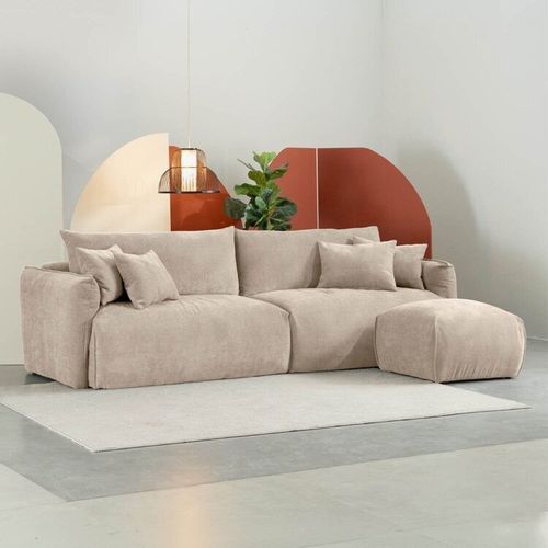 Conjunto Sofá 280cm e Puff Comfy CabeCasa MadeiraOriginals Bege Claro Bege Claro