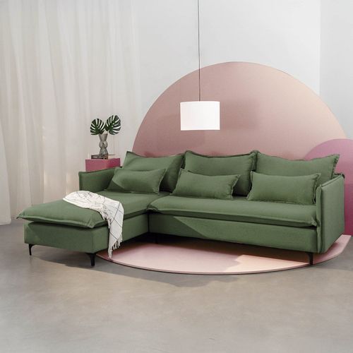 Sofá Modular 3 Lugares com Chaise e Pé Metal Sôma CabeCasa MadeiraOriginals Verde Verde