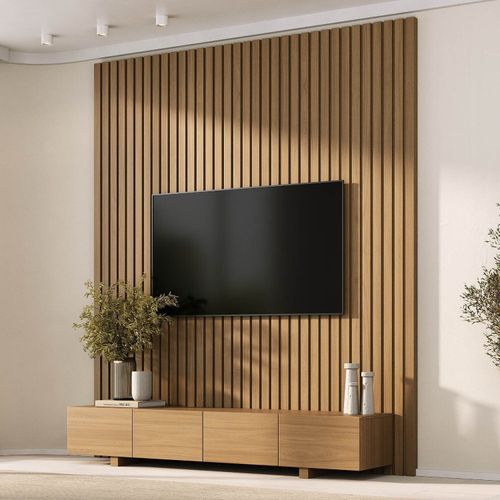 Rack com Painel Ripado TV 75 Polegadas Planejado 200x230cm Aruá CabeCasa MadeiraOriginals Marrom Jatoba