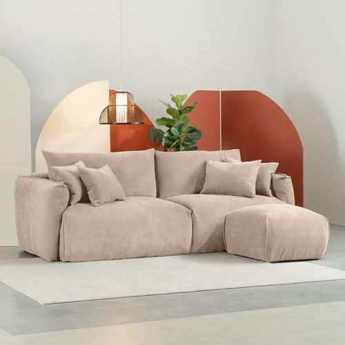 Conjunto Sofá 220cm e Puff Comfy CabeCasa MadeiraOriginals Bege Claro Bege Claro