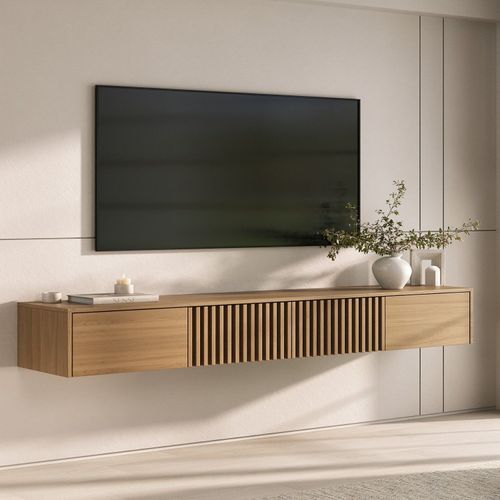 Rack Suspenso Ripado para TV até 75 Polegadas Planejado 210cm Aruá CabeCasa MadeiraOriginals Marro Jatoba