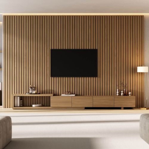 Rack Extensível com Painel Ripado TV 86 Polegadas Planejado 360x250cm Aruá CabeCasa MadeiraOrigina Jatoba