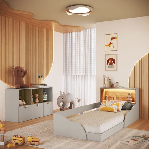 Quarto Infantil com Cama Solteiro Montessoriana com Iluminação LED e Comoda Lille Bege/Arenas Arenas
