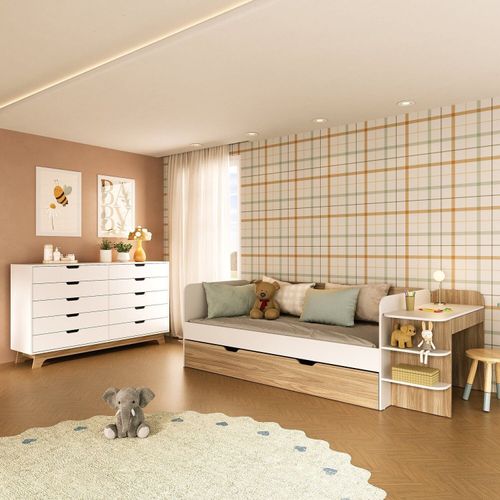 Quarto Infantil Cama de Solteiro 3 em 1 e Cômoda 10 Gavetas em MDF Premium Helena e Alice Branco/Lo Louro Freijó Grann/ Branco