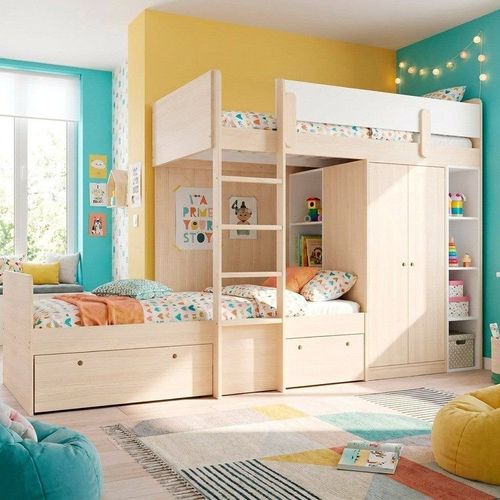 Bicama Alta com Guarda Roupa e Nichos Artsy Casatema Natural/Branco Natural/Branco