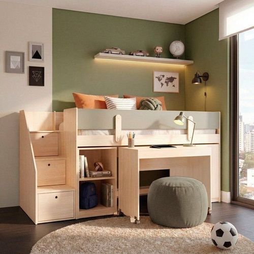 Cama Alta com Armários e Escrivaninha em MDF Artsy Casatema Natural/Verde Natural/Verde