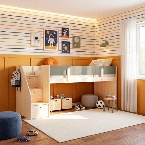 Cama Alta com Escada Lateral em MDF Artsy Casatema Natural/Verde Natural/Verde