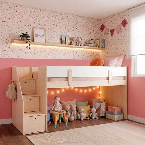 Cama Elevada com Escada Lateral em MDF Artsy Casatema Natural/Branco Natural/Branco