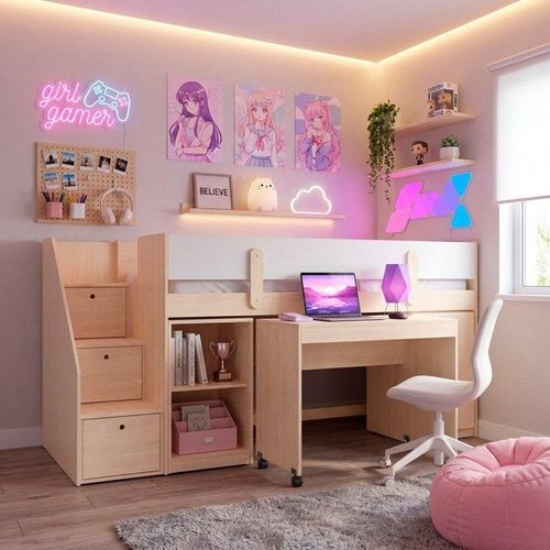 Cama Elevada com Armários e Escrivaninha em MDF Artsy Casatema Natural/Branco Natural/Branco