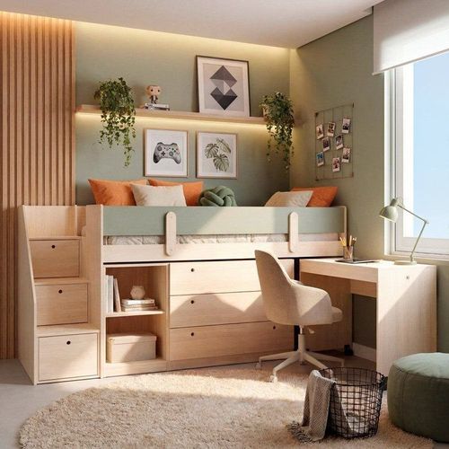 Cama Elevada com Escrivaninha, Armário e Cômoda MDF Artsy Casatema Natural/Verde Natural/Verde