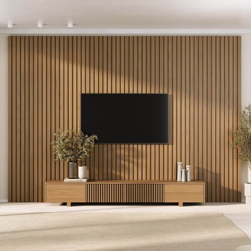 Rack com Painel Ripado TV 86 Polegadas Planejado 320x230cm Aruá CabeCasa MadeiraOriginals Marrom Jatoba