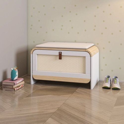 Sapateira Infantil 1 Porta com Assento Estofado Wave Casatema Branco/Marrom Branco/Natural