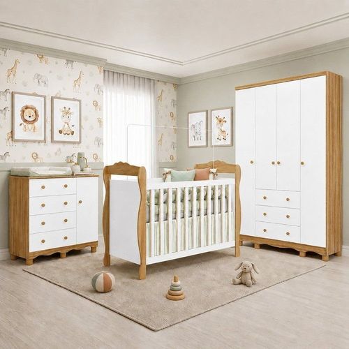 Quarto de Bebê Completo Berço 3 em 1 Guarda-Roupa Cômoda MDF Nina Espresso Móveis Amêndoa/Branc Off White/Amêndoa