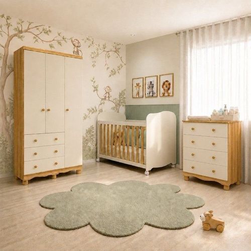 Quarto de Bebê Completo Berço, Guarda-Roupa e Cômoda MDF Mimo Espresso Móveis Bege/Off White/Am Amêndoa/Off White