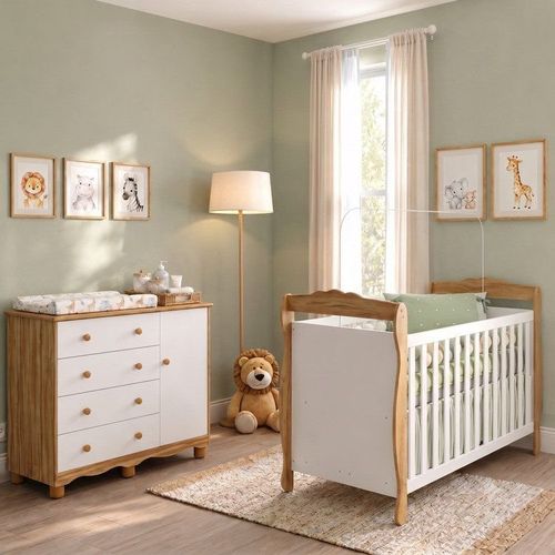 Quarto de Bebê com Berço 3 em 1 e Cômoda 4 Gavetas 100% MDF Nina Espresso Móveis Branco Brilho Branco Brilho/Amêndoa