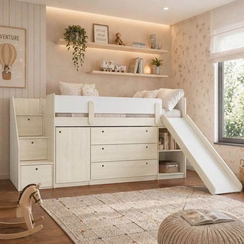 Cama Alta com Armários, Cômoda e Escorregador Artsy Casatema Natural/Branco Amadeirado/Branco
