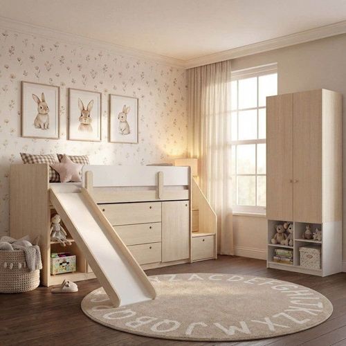 Cama Alta com Escorregador Artsy e Guarda Roupa 2 Portas Curió Casatema Branco Amadeirado/Branco